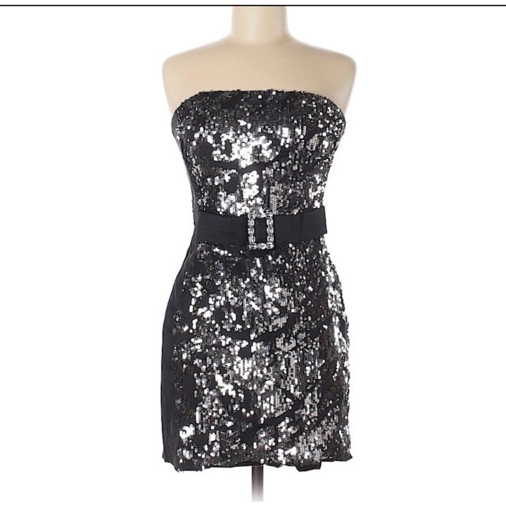 Cache Sequin Strapless Mini Dress US 4 Black Silver Bodycon Cocktail Party Y2K